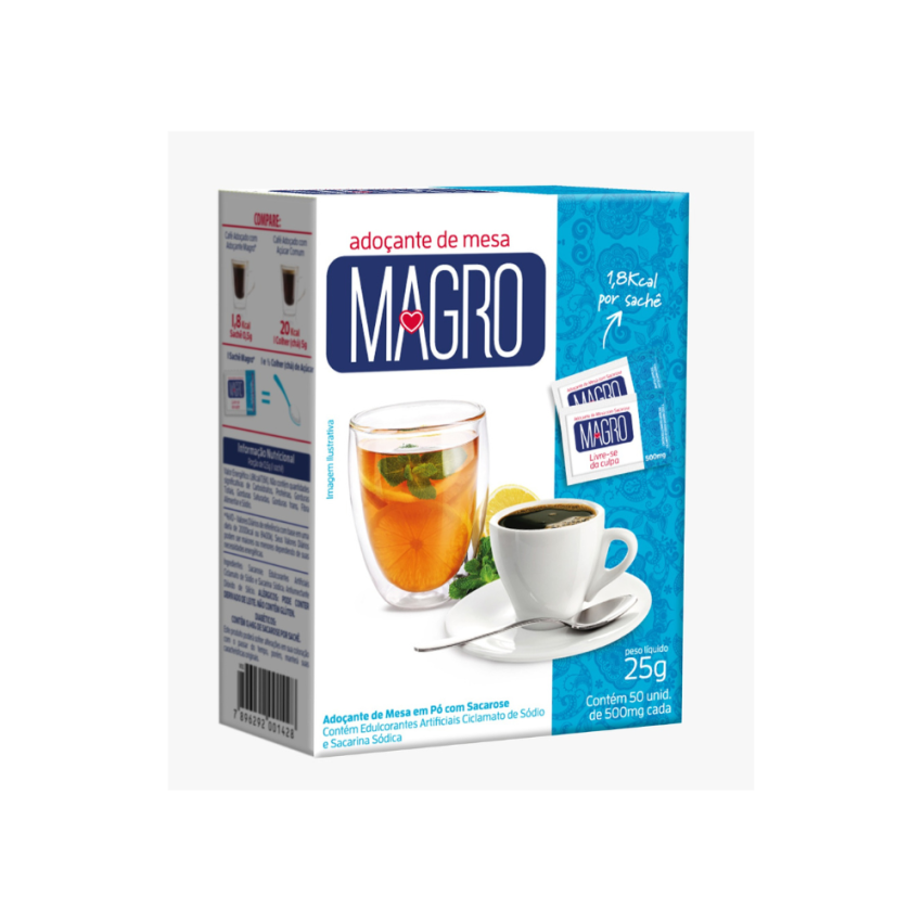 Adocante de Mesa em po Tradicional c/ Sacarose Cartucho c/ 50 Und Sache 0,5g Magro