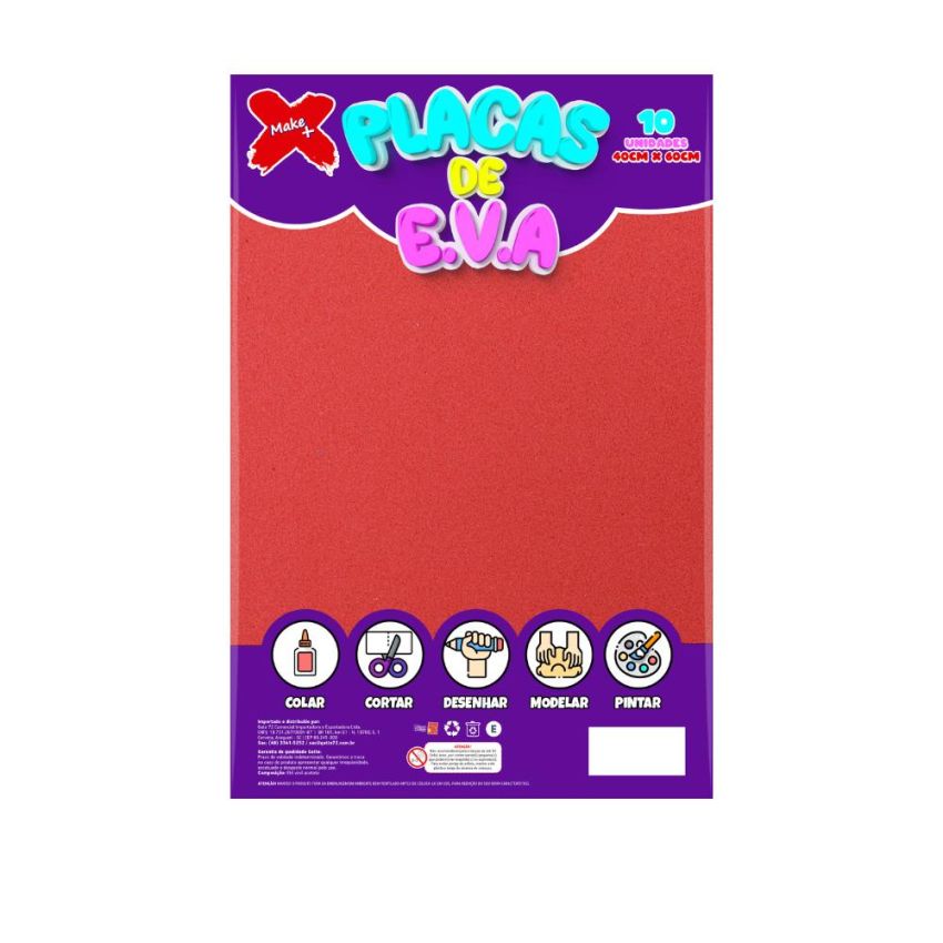Folha de EVA Vermelho 40x60cm Make+ pacote com 10 unidades