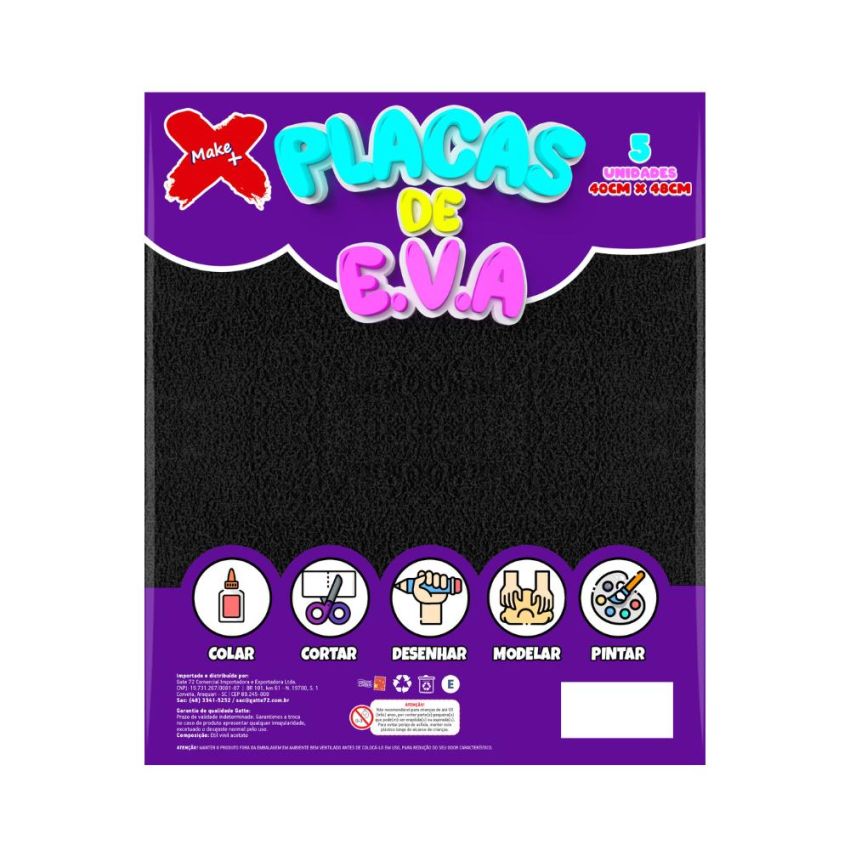 Folha de EVA Atoalhado Preto 40x48 Make+ pacote com 5 unidades