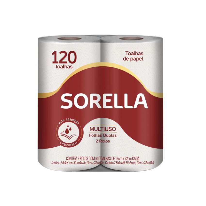 Papel Toalha p/ Cozinha Folha Dupla 19x22cm Pcte 120 Fls c/ 02 Rolos Sorella
