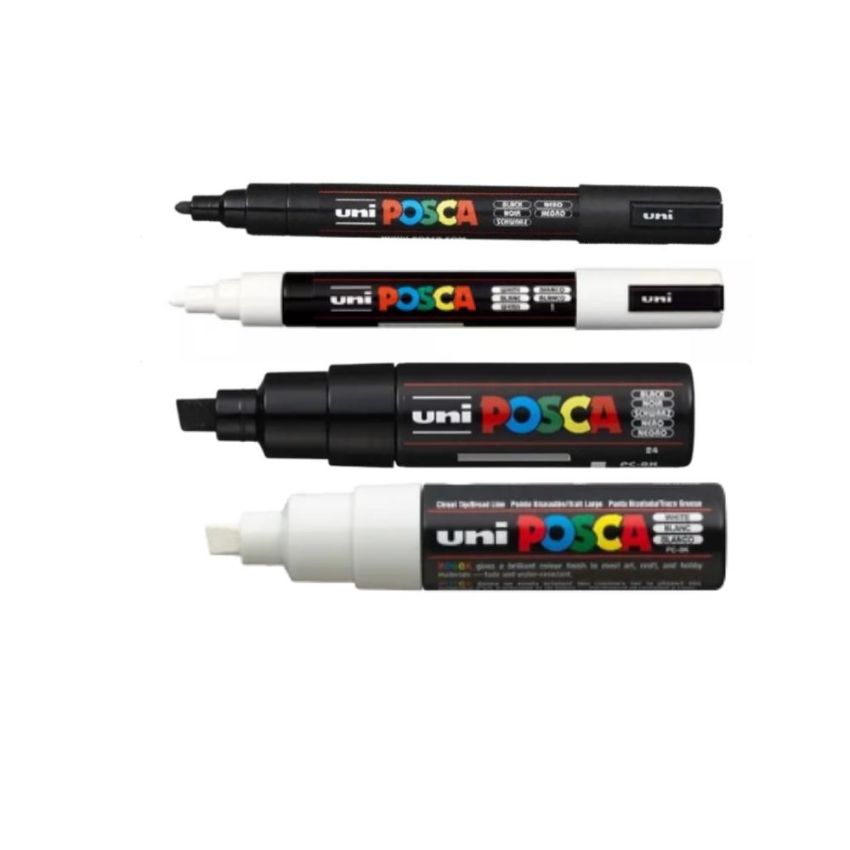 4 Marcadores Posca Uni-ball PC-5M / PC-8K - 2 Brancos 2 Pretos