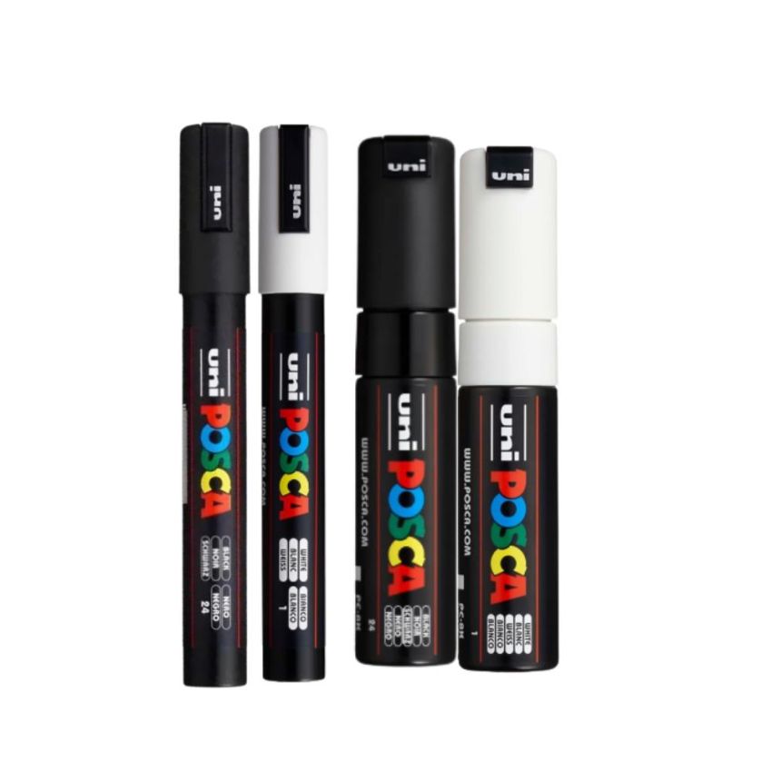 4 Marcadores Posca Uni-ball PC-5M / PC-8K - 2 Brancos 2 Pretos