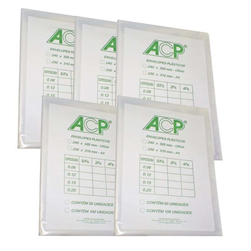 5 PACOTES ENVELOPE PLAST. OFICIO 15MM 2 FUROS  100 UNID  ACP