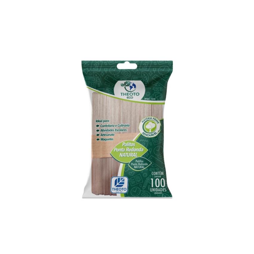 Palito de Madeira Ponta Redonda p/ Picole Sorvete Pcte c/ 100 Und Theoto