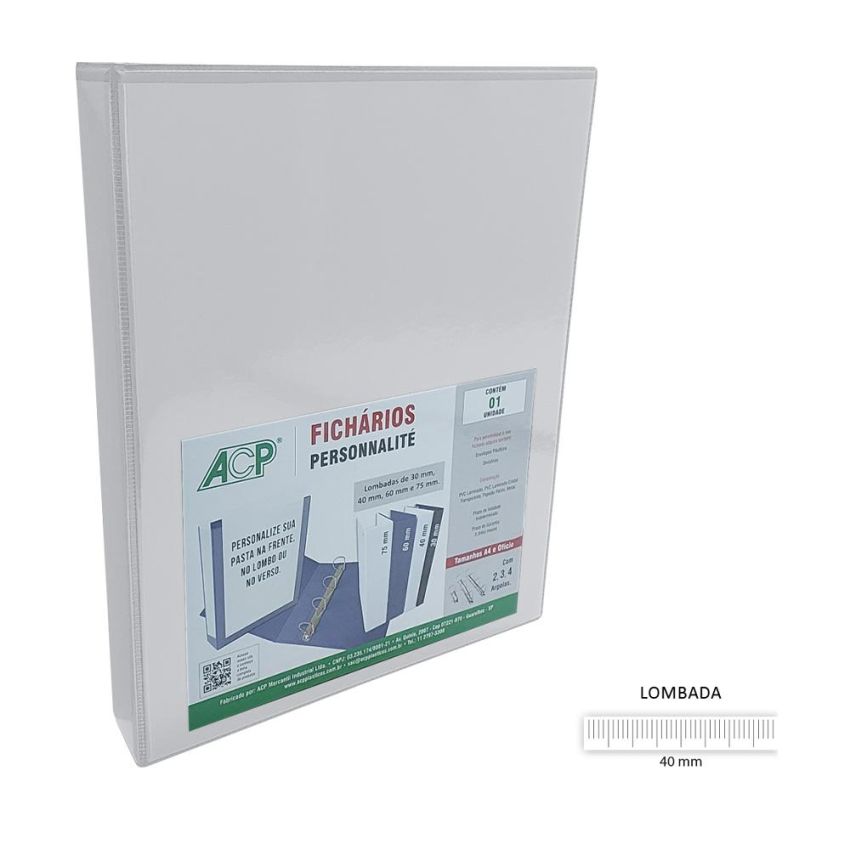 Fichario 4 Argolas 255x340x40mm c/ Rev Branco 3340 Acp