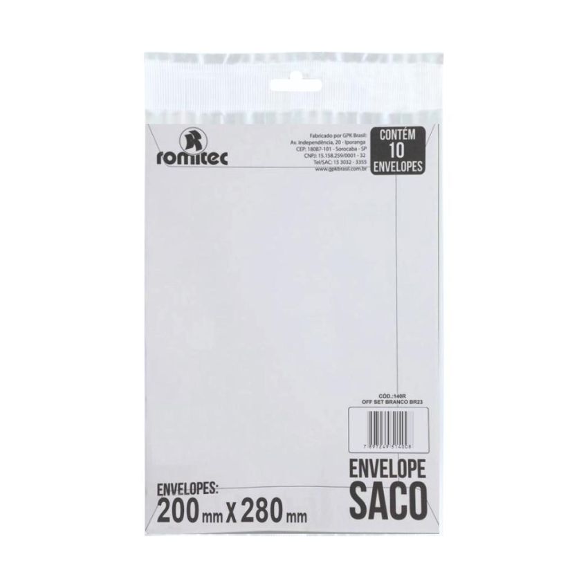 Envelope Saco Branco Br28 200mmx280mm C/10 167r