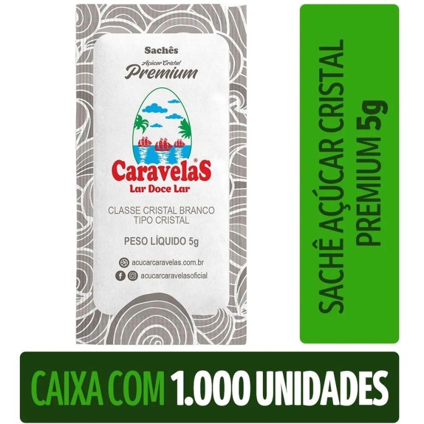 Acucar Cristal cx c/ 1000 5g Sache Caravelas
