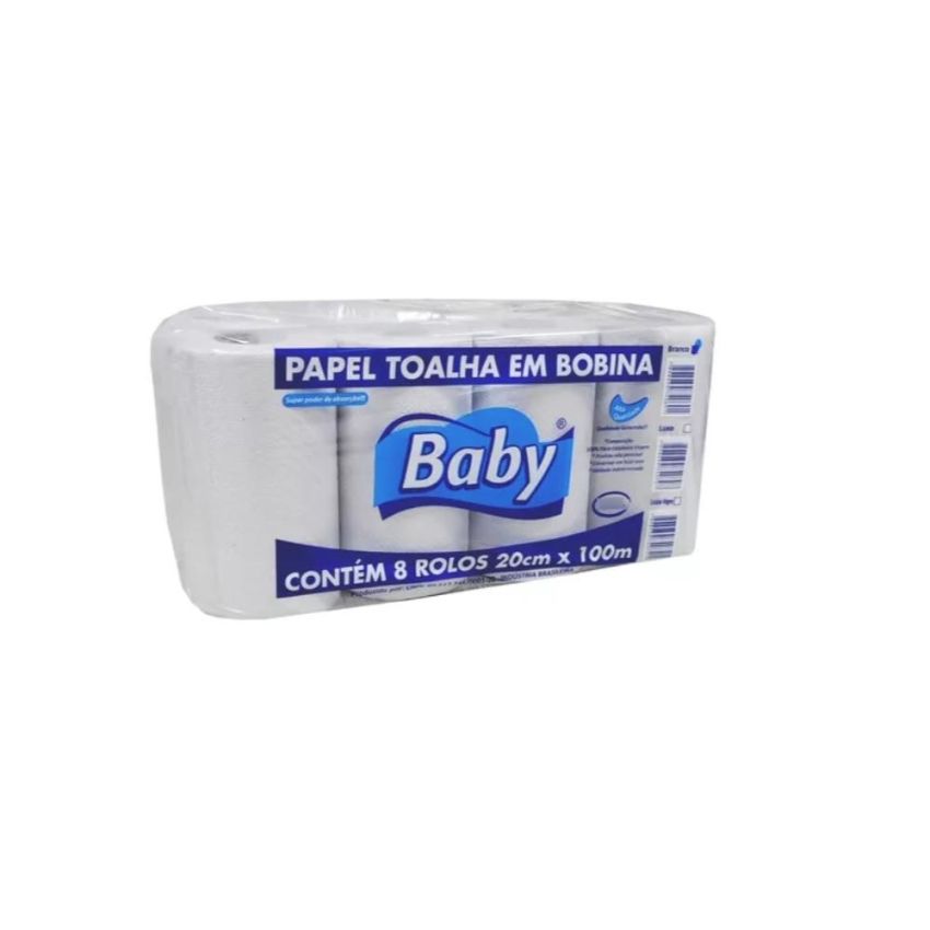 Papel Toalha Bobina Folha Simples Express Branco 20x100m fd c/ 8 Rolos Baby