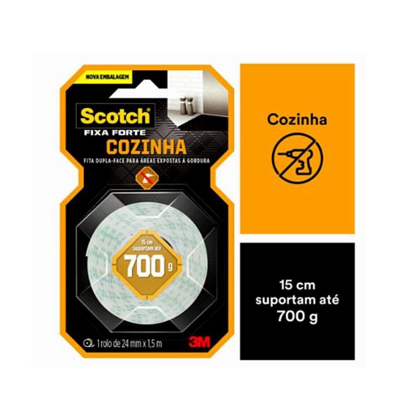 Fita Adesiva Fixa Forte Cozinha Scotch 24mmx1,5m Branca 3m