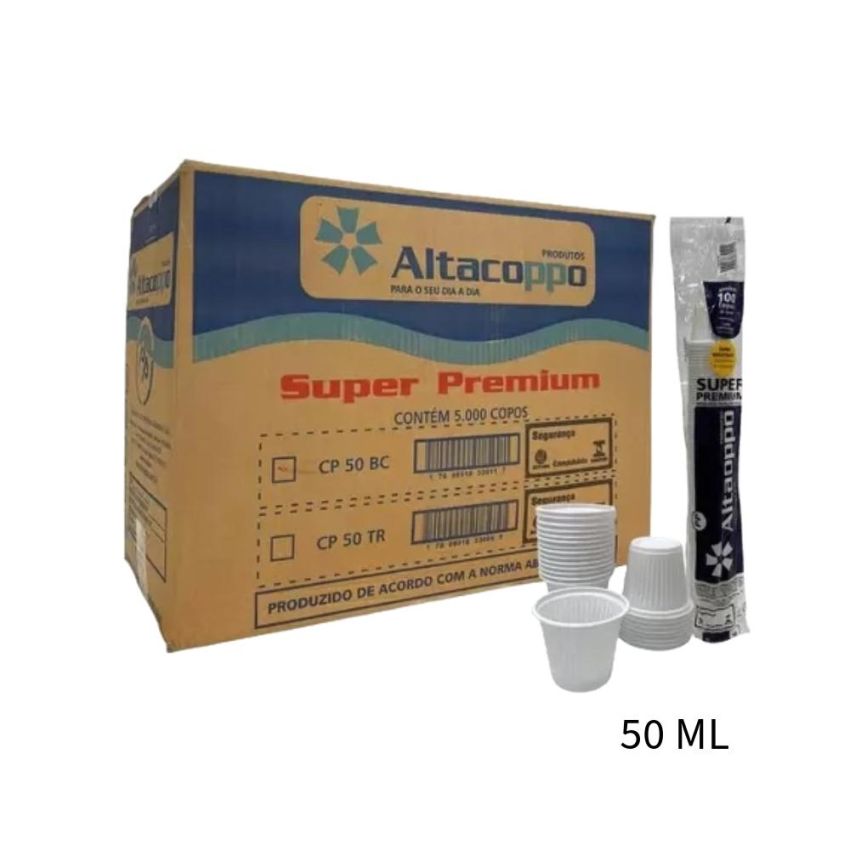 Copo Plástico pp Descartável 50ml Branco Abnt2012 Altacoppo CX com 5000 unidades.
