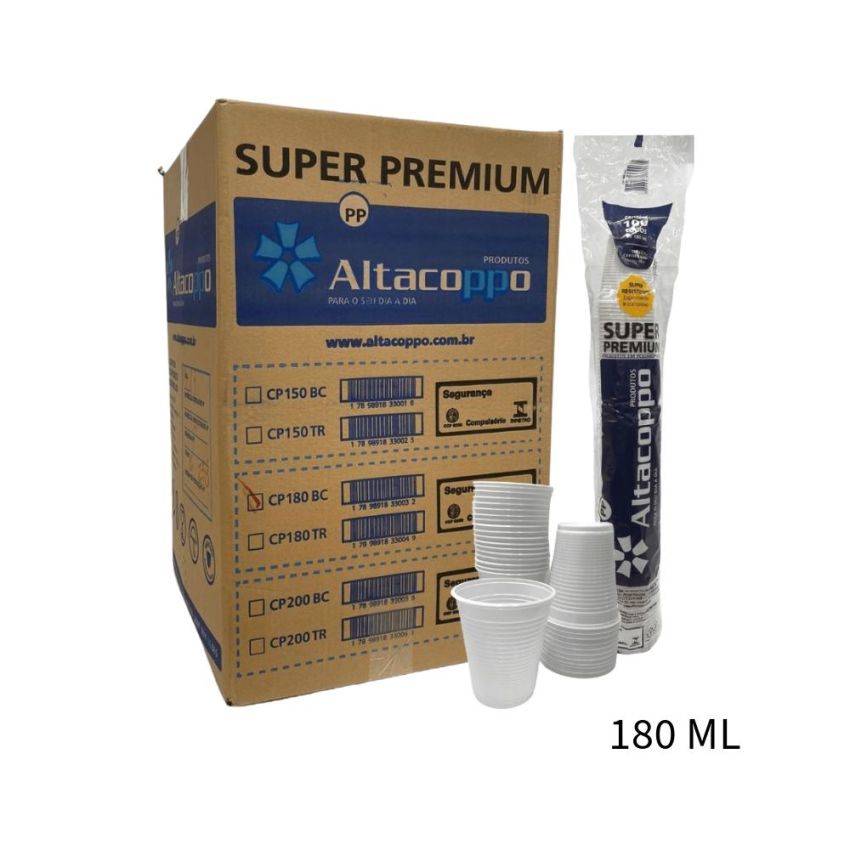 Copo Plástico PP descartável 180ml Branco Abnt2012 Altacoppo CX c/ 2500 unidades