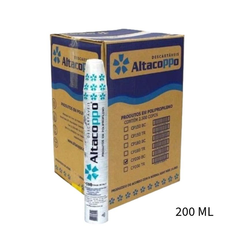Copo Plastico pp Descartavel 200ml Branco Abnt2012 Altacoppo CX c/ 2500 unidades