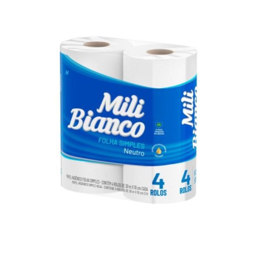 Papel Higienico Folha Simples Rolinho 30m Mili Bianco c/ 04 Ref 243