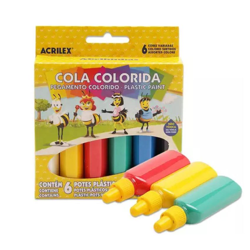 KIT COLORIR ACRILEX COM LÁPIS DE COR, GIZ DE CERA E TINTAS GUACHE, PINTURA A DEDO E COLA COLORIDA