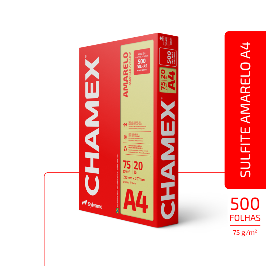 Papel Sulfite Para Impressao  Colorido a4 75gr Amarelo 500 Folhas Chamex