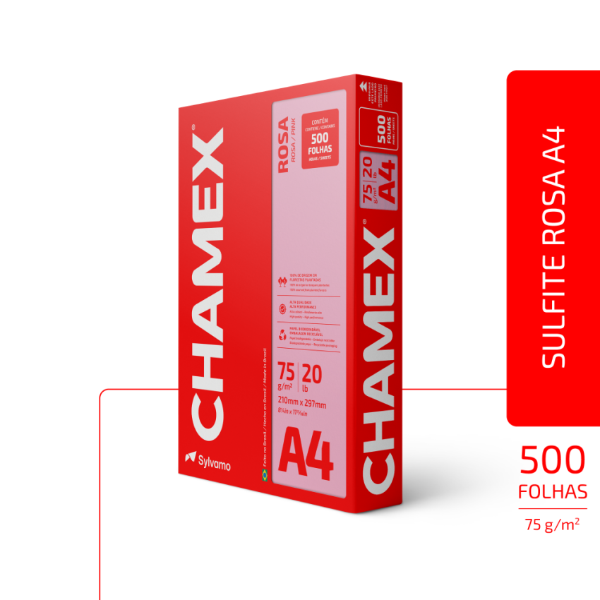Papel Sulfite Para Impressao  Colorido a4 75gr Rosa 500 Folhas Chamex